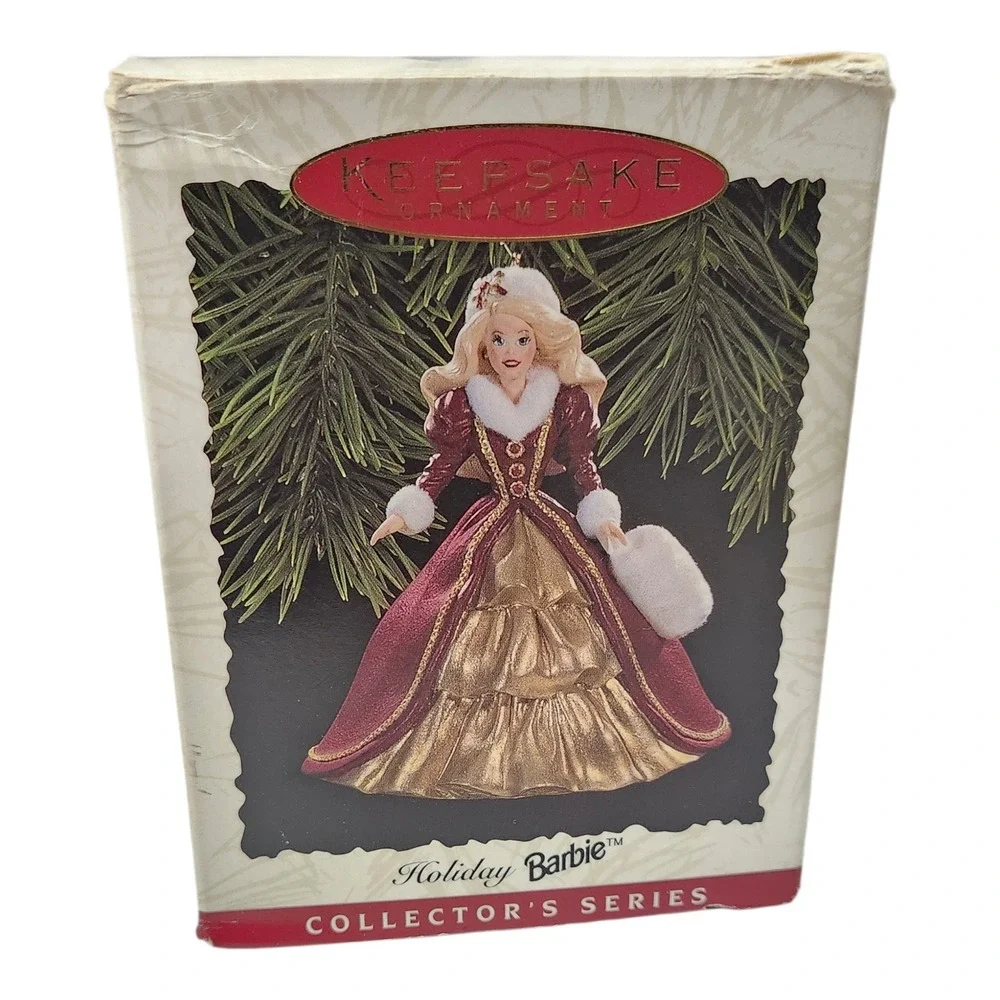 1996 Hallmark Keepsake Holiday Barbie Ornament Collector Series 4 Burgundy Gold